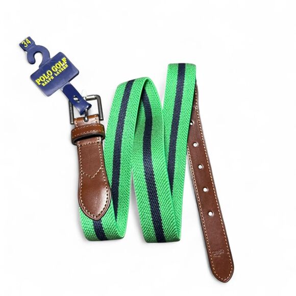 Polo Golf Ralph Lauren green/navy striped ribbon belt brown leather Sz 34